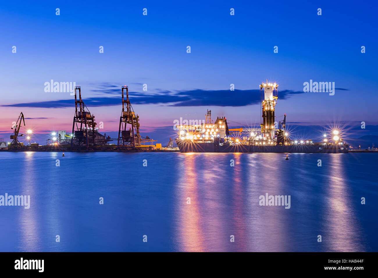 NOBLE GLOBETROTTER II - Drill ship Beautiful sunrise at Port of Burgas, Bulgaria Stock Photo