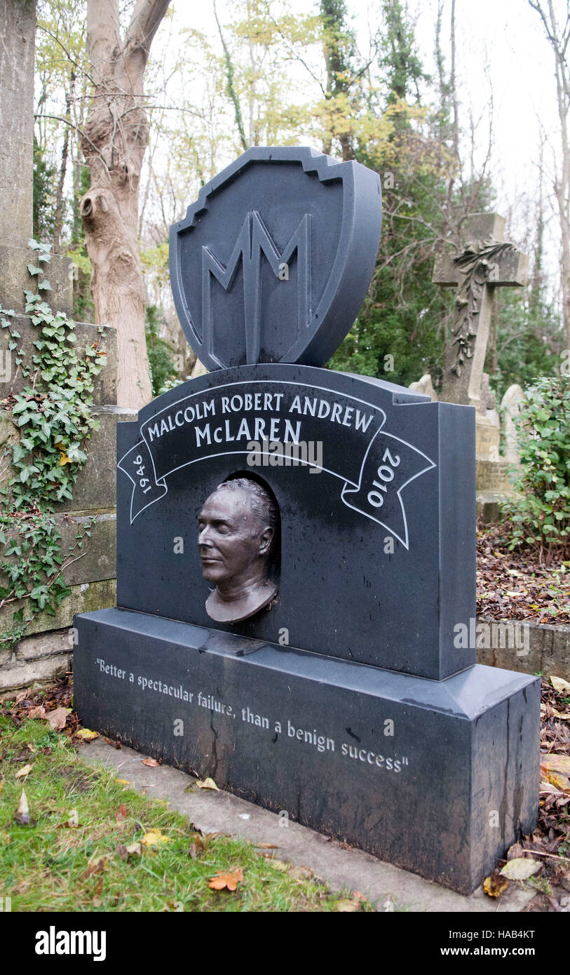 The grave of the late music manager and  impresario Malcolm McLaren in Highgate Cemetary, London on the 40th anniversary of the debut single by the Sex Pistols 'Anarchy in the UK' Stock Photo