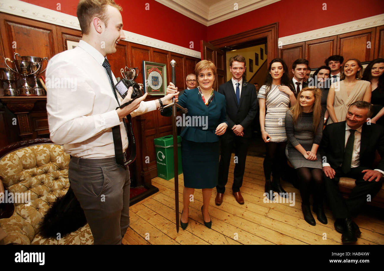 Scottish First Minister Nicola Sturgeon meets wit members of the Philosophical Society at Trinity College Dublin before she received an honorary patronage from the the college. Stock Photo