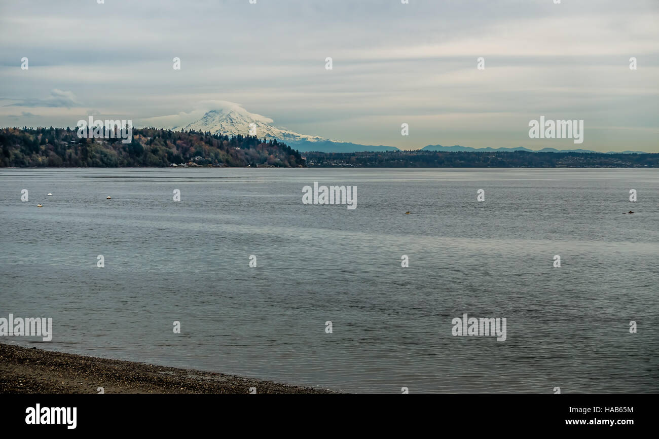 A view of Mount Rainier on an overcast day. Stock Photo