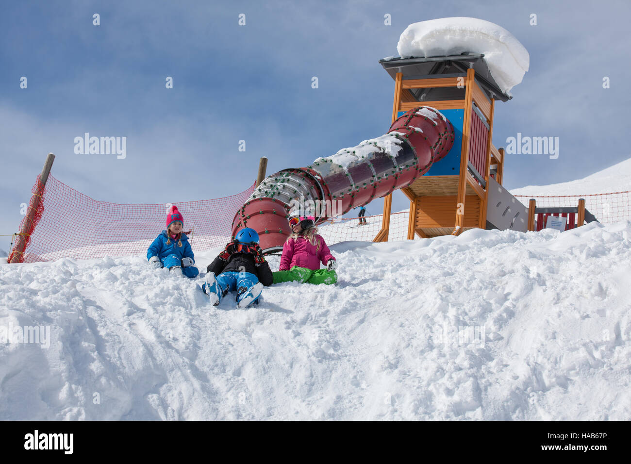 Winter holiday for kids in St. Moritz Switzerland in montains Stock Photo