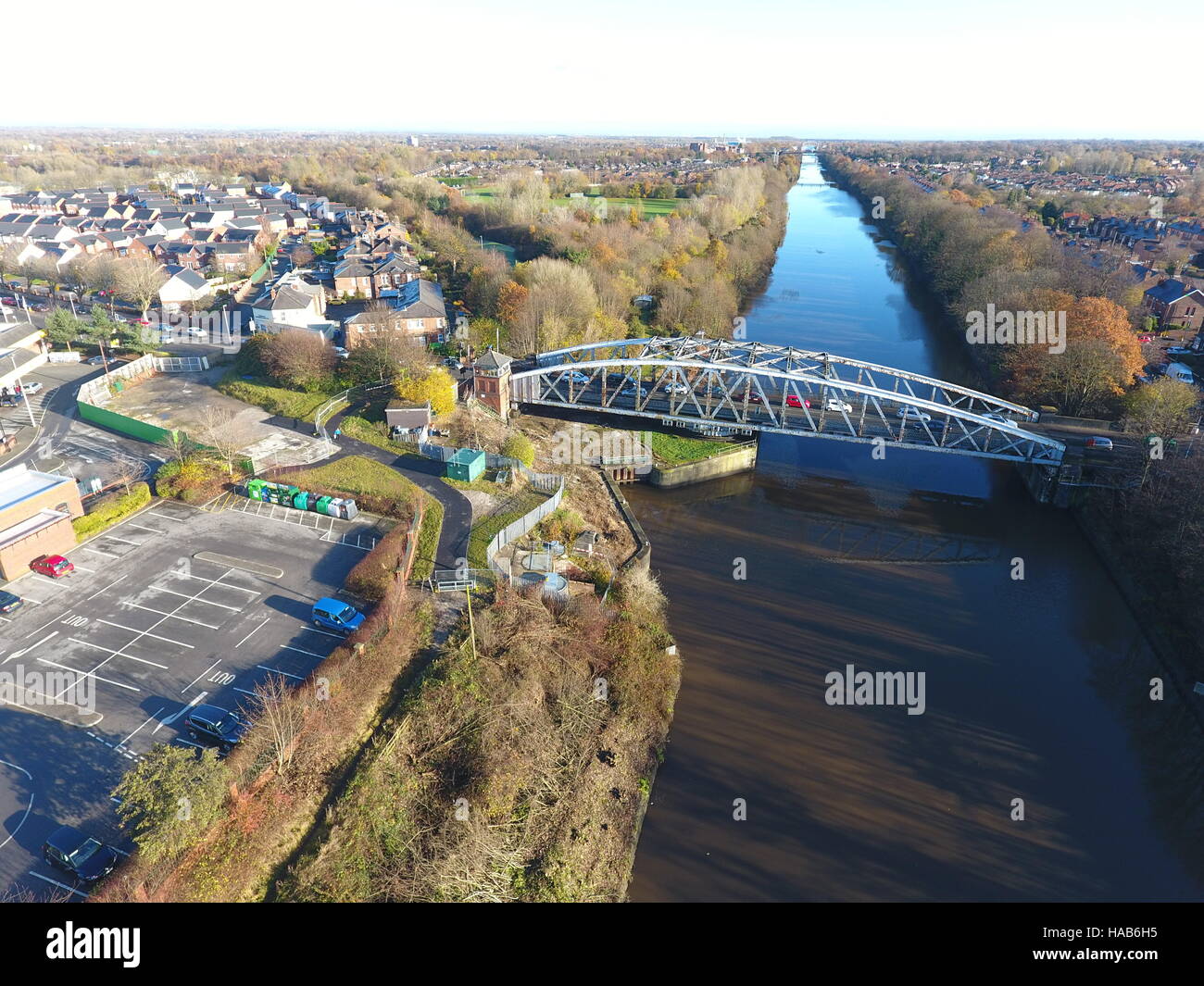 Aerial photograph of a swing bridge crossing the Manchester ship canal Stock Photo