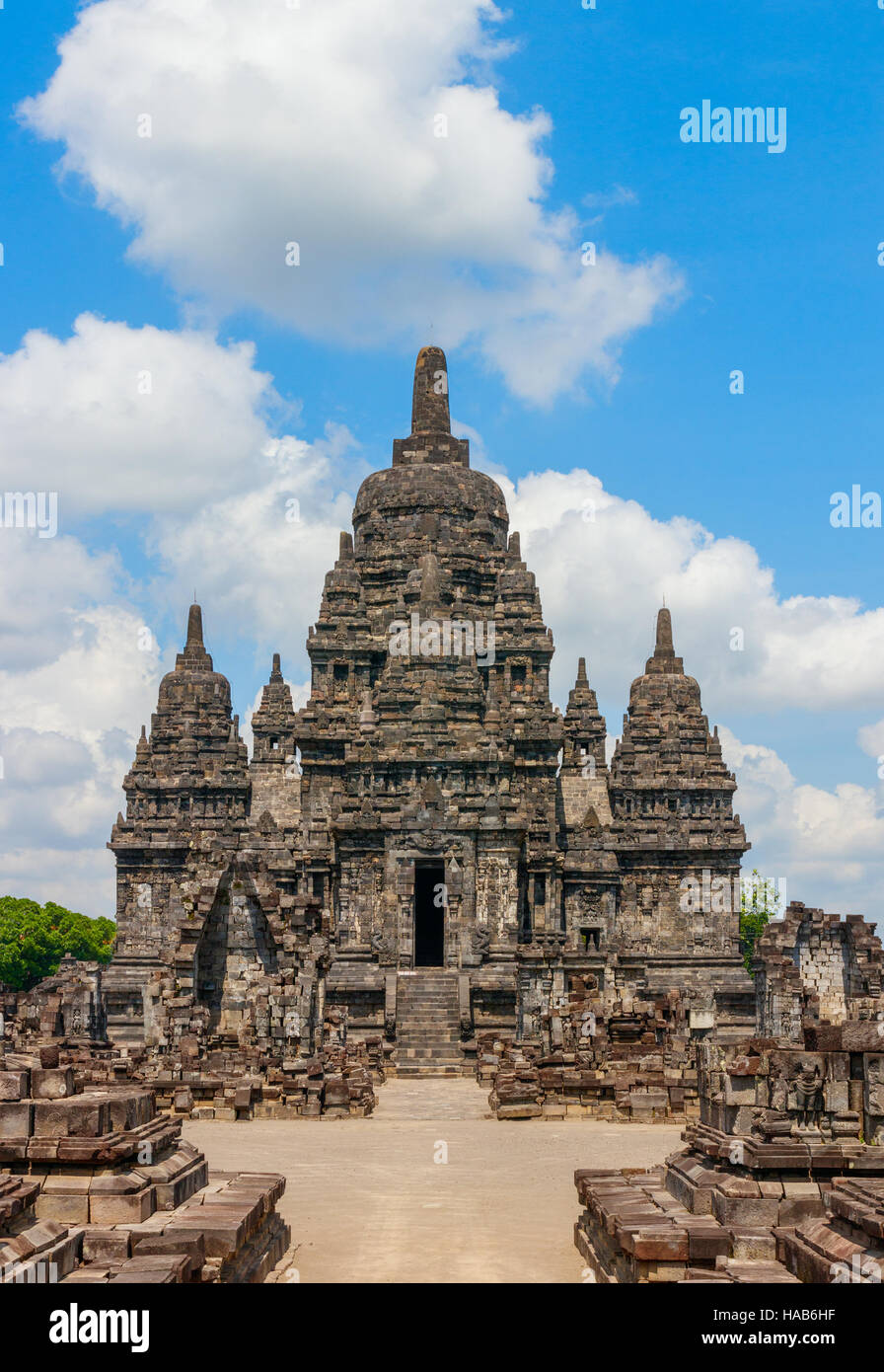 View of the Sewu temple complex under a blue sky with clouds. Java, Indonesia. Stock Photo