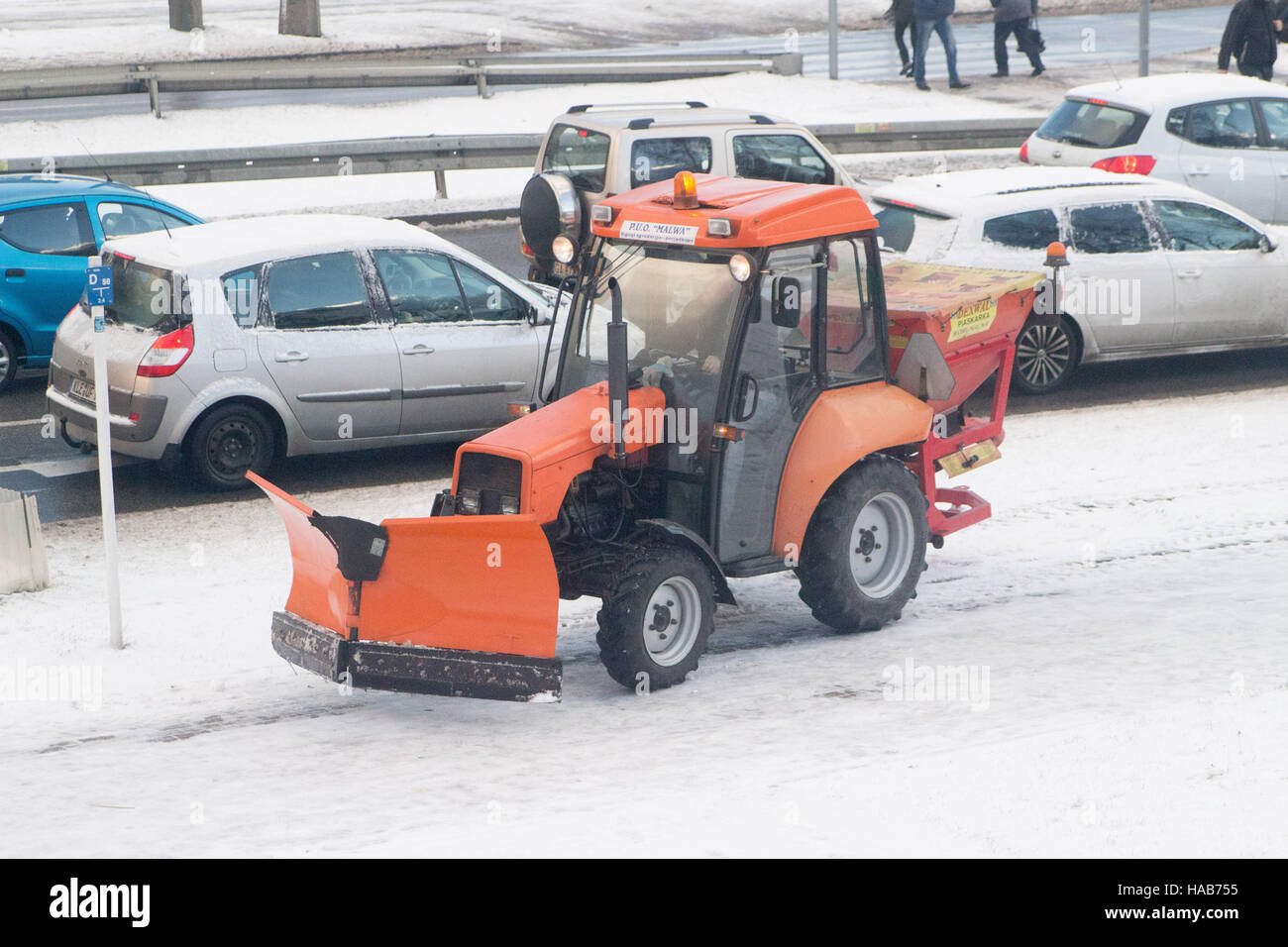 Gdansk, Poland 28 November 2016  Snow plow at work is seen. Heavy snowfall hits Gdansk and all northern Poland. Meteorologists predict snowfall and low temperatures during the next few days. Credit:  Michal Fludra/Alamy Live News Stock Photo