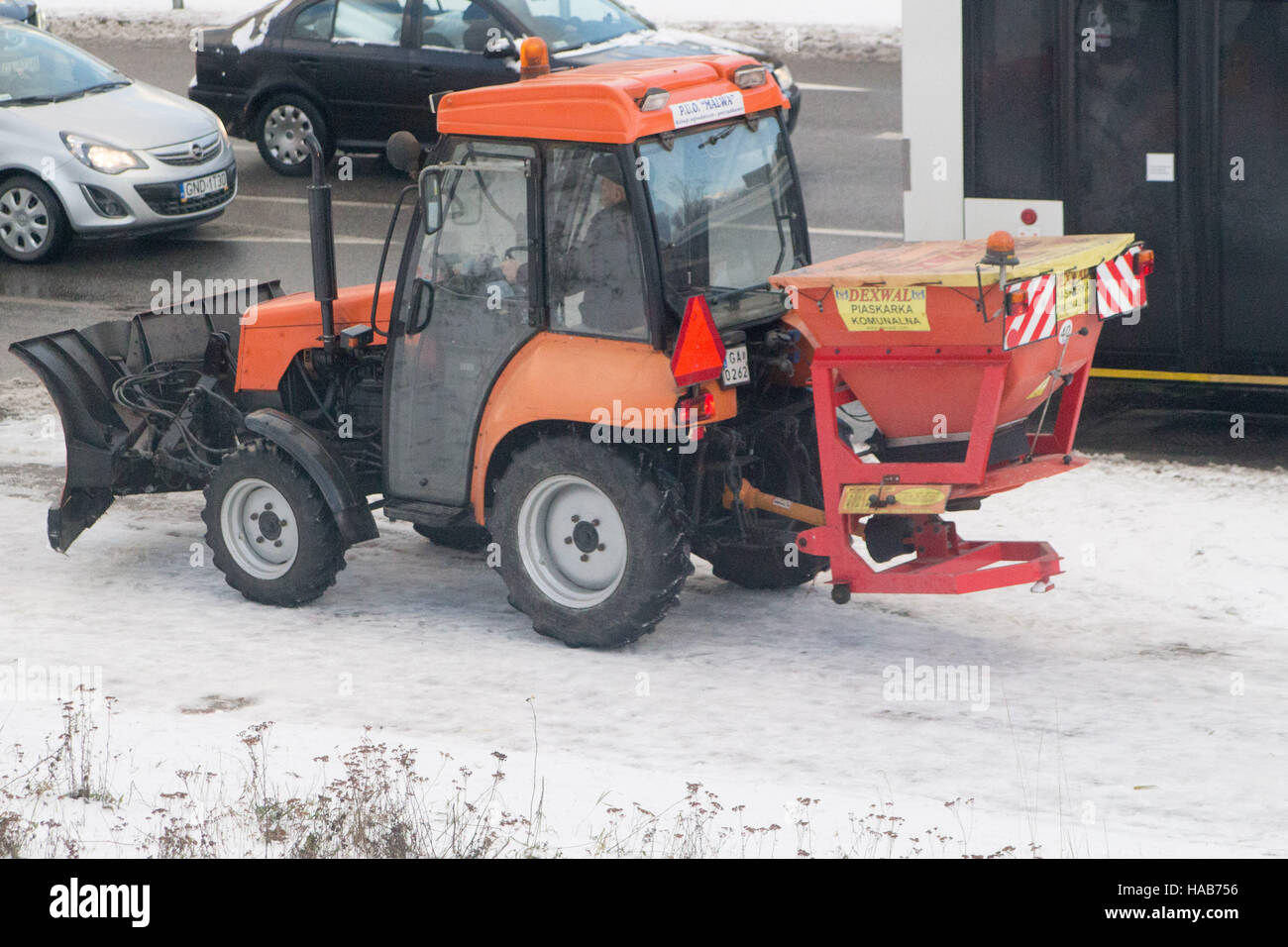 Gdansk, Poland 28 November 2016  Snow plow at work is seen. Heavy snowfall hits Gdansk and all northern Poland. Meteorologists predict snowfall and low temperatures during the next few days. Credit:  Michal Fludra/Alamy Live News Stock Photo