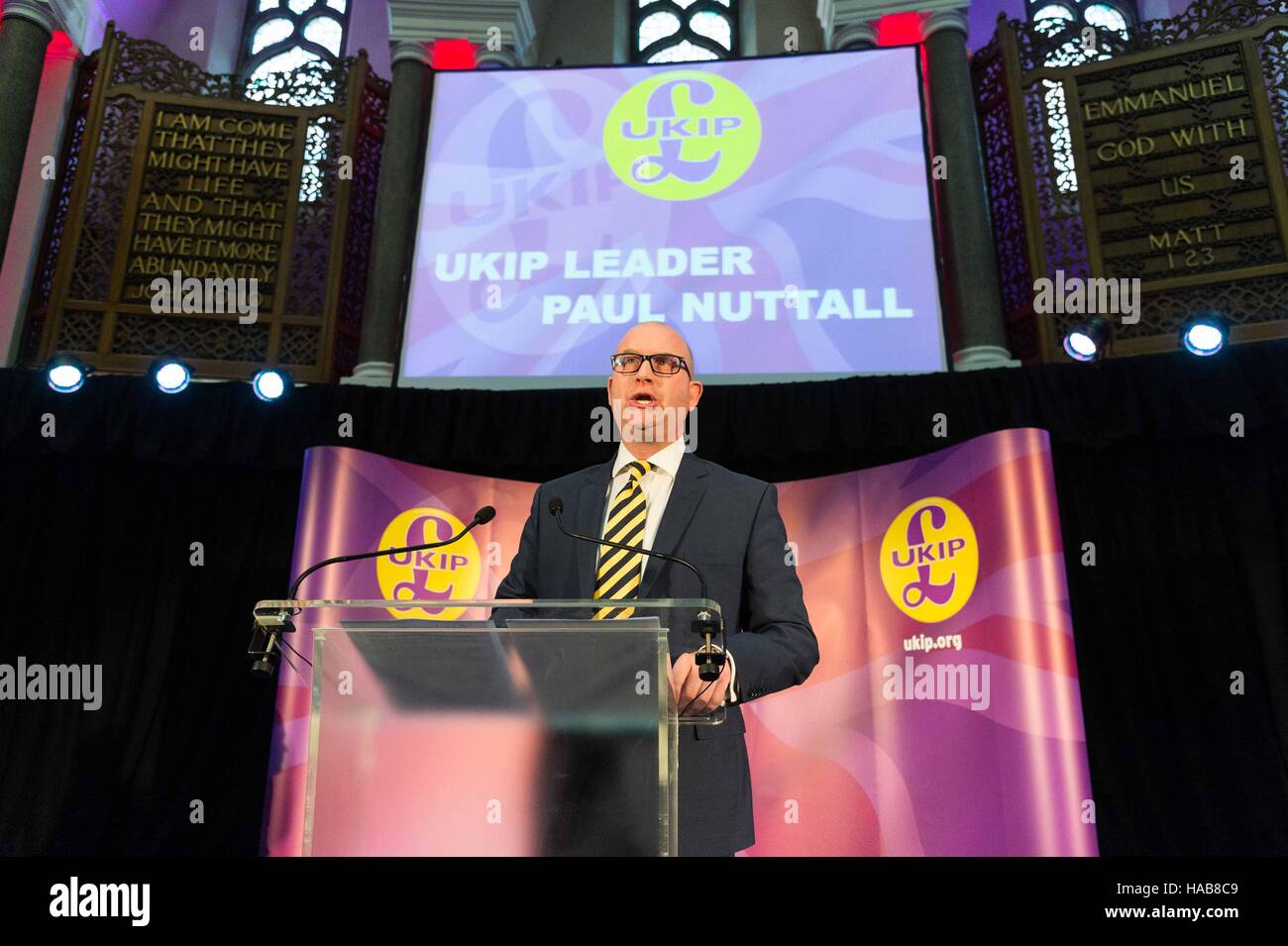 London, UK. 28th Nov, 2016. New UKIP leader Paul Nuttall makes a speech on Nov. 28, 2016, in London, Britain. Member of European Parliament (MEP) Paul Nuttall was named Monday as the new leader of the United Kingdom Independence Party (UKIP), one of Britain's major political parties. Credit:  Ray Tang/Xinhua/Alamy Live News Stock Photo