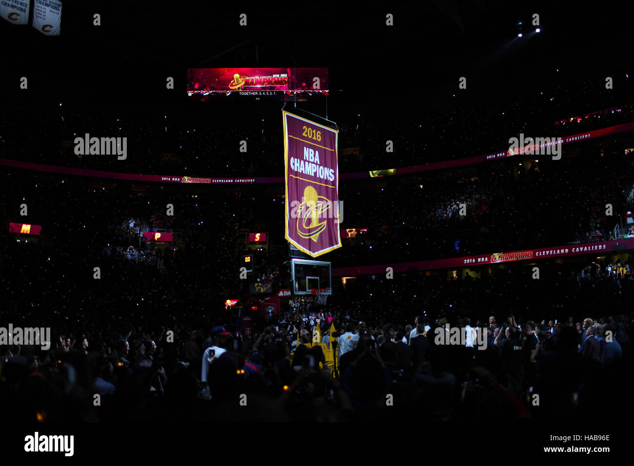 Cleveland, OH, USA. 27th Aug, 2015. CLEVELAND, OH - OCTOBER 25: Cleveland Cavaliers raise the championship banner durinbg a ring ceremony before the opening game of the 2016 NBA Season at The Quicken Loans Arena on October 25, 2016 in Cleveland, Ohio, the same night of World Series Game 1 between the Cleveland Indians and the Chicago Cubs. © Michael F. Mcelroy/ZUMA Wire/Alamy Live News Stock Photo