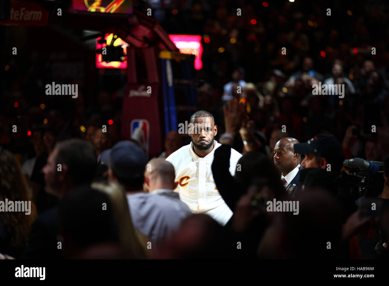 Cleveland, OH, USA. 25th Oct, 2016. CLEVELAND, OH - OCTOBER 25: Lebron James has his game face on before the Cleveland Cavaliers play the New York Knicks at the opening game of the 2016 NBA Season at The Quicken Loans Arena on October 25, 2016 in Cleveland, Ohio, the same night of World Series Game 1 between the Cleveland Indians and the Chicago Cubs. (Michael F. McElroy © Michael F. Mcelroy/ZUMA Wire/Alamy Live News Stock Photo