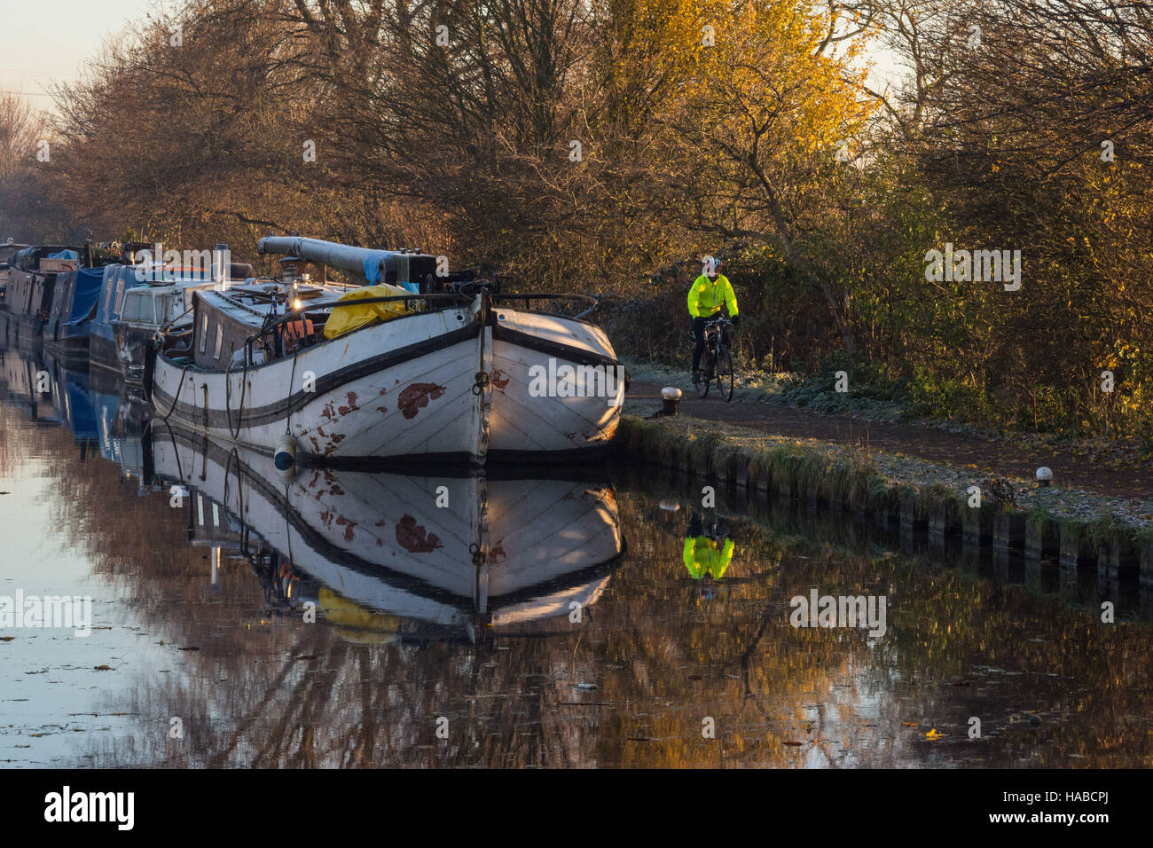 Tottenham Marshes, London, UK 29th November 2016. Cyclists experience a frosty commute along the river Lee navigation towpath in Tottenham on a clear November morning. Credit:  Patricia Phillips/ Alamy Live news Stock Photo