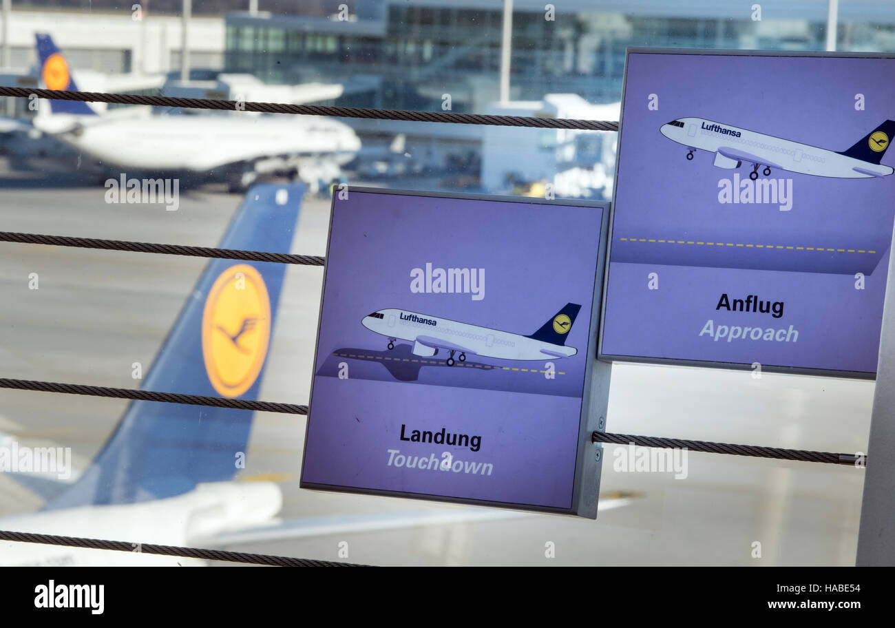 Munich, Germany. 29th Nov, 2016. Signs featuring Lufthansa planes that read 'Landung' (landing) and 'Anflug' (approach) at the barrier of the observation platform, at the airport in Munich, Germany, 29 November 2016. Hundreds of flights have been cancelled. Photo: Peter Kneffel/dpa/Alamy Live News Stock Photo
