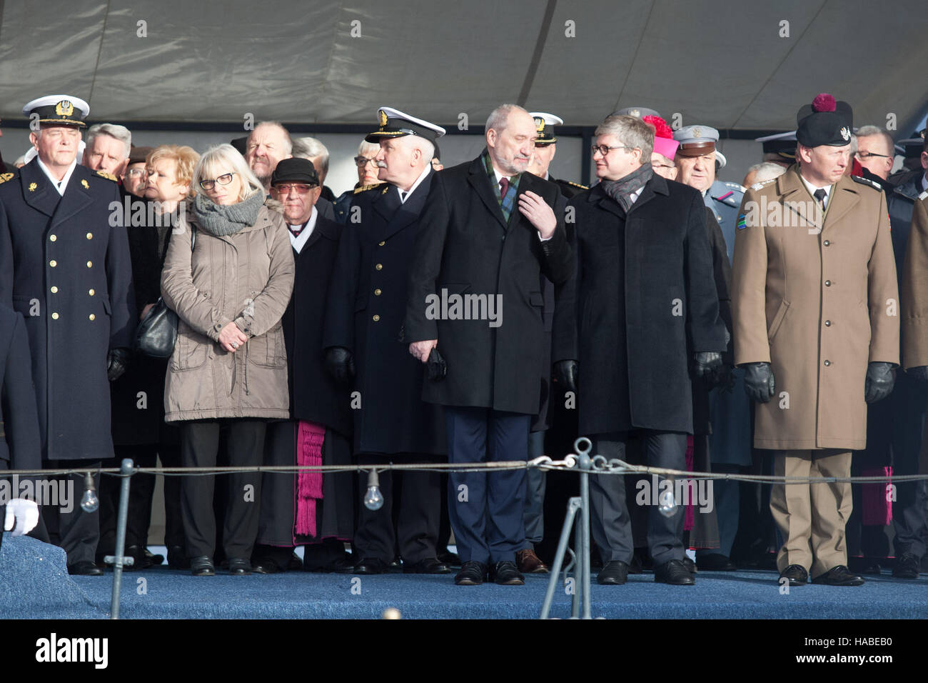 Gdansk, Poland 29 November 2016   Minister of Defence Antoni Macierewicz (C) attends the 94th Anniversary of the Polish Navy celebrations in Gdynia. Stock Photo