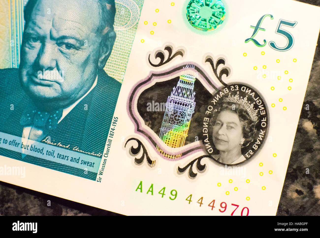 29th November 2016, UK. The new five pound note, or fiver, contains tallow, an animal product, the Bank of England has acknowledged. Vegans, vegetarians and Hindus could take offence at the substance being used. The plastic note has been generally well received by the public for its resilience. Stock Photo