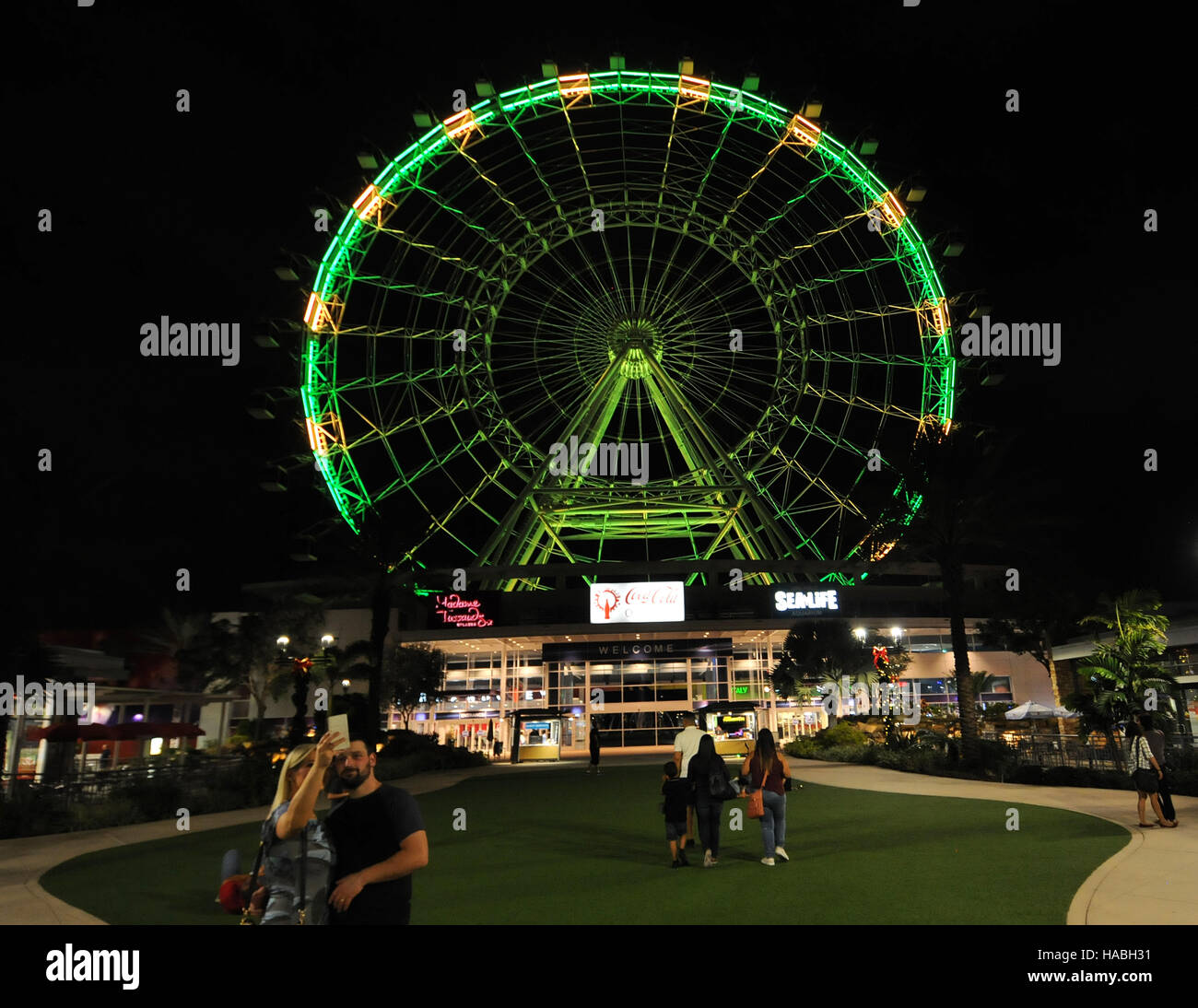Orlando, Florida, USA. 29th November, 2016. The Orlando Eye observation wheel is illuminated in green in honor of the members of Brazil's Chapecoense soccer team who died when their chartered plane crashed on November 28, 2016 in the mountains of Colombia, killing 71 of the 81 persons on board. The team was scheduled to play in the Copa Sudamerica finals against Atletico Nacional on Wednesday in Medellin. (Paul Hennessy/Alamy) Credit:  Paul Hennessy/Alamy Live News Stock Photo