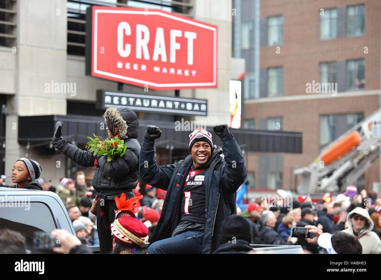 Ottawa, Canada. 29th Nov, 2016. MVP Henry Burris during the Grey Cup Parade at Lansdowne Park.  The 41 year old Quarterback led the Ottawa Redblacks, in only their 3rd season to the city’s first CFL championship in 40 years, with an upset win over the Calgary Stampeders. Credit:  Paul McKinnon/Alamy Live News Stock Photo