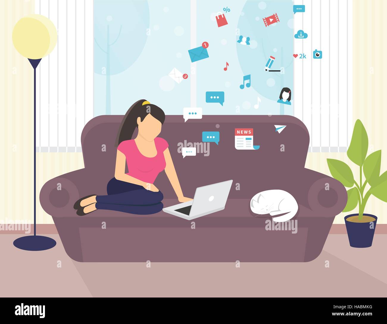 Woman sitting with laptop on the sofa at home and working Stock Vector ...
