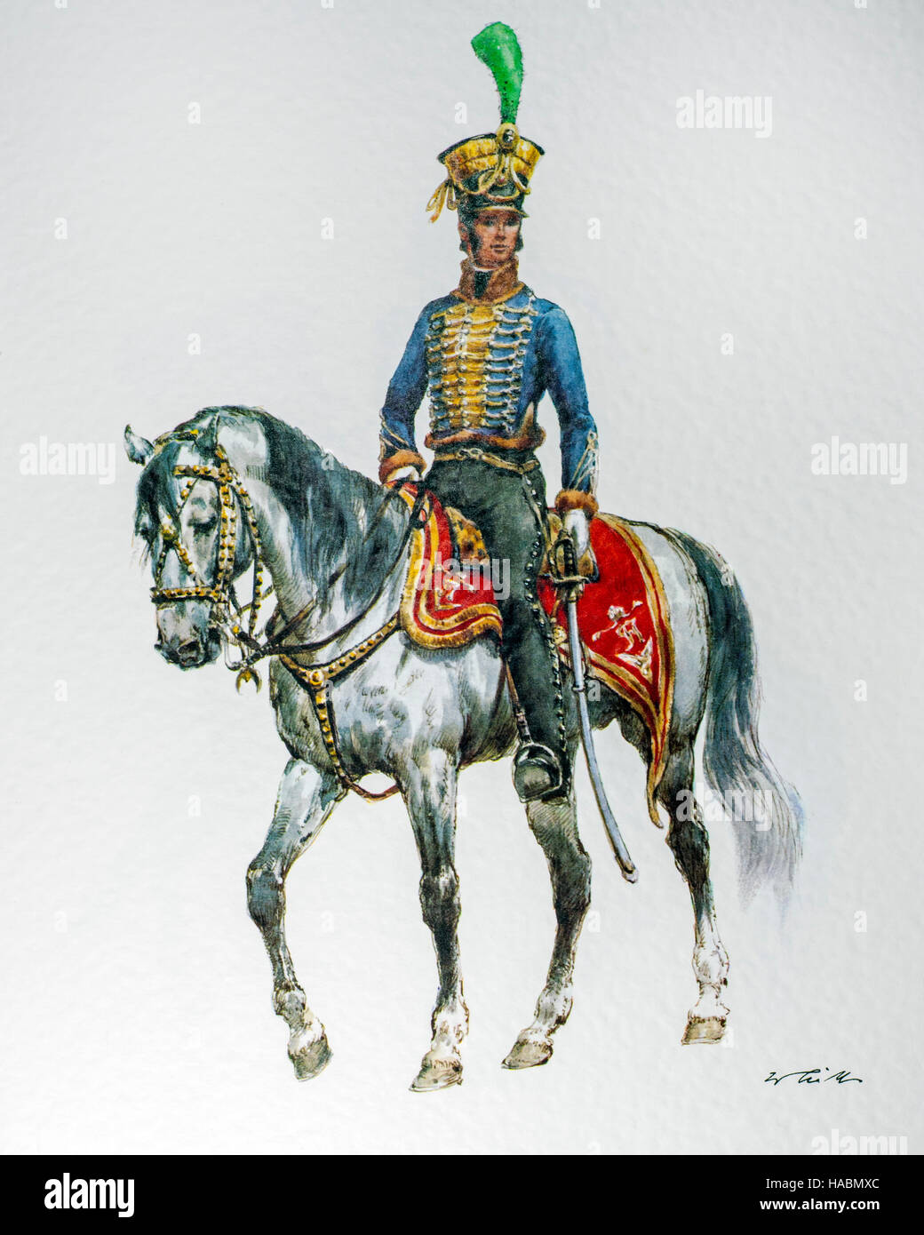Austrian cavalry officer on horseback in 1837 Hungarian campaign uniform Stock Photo