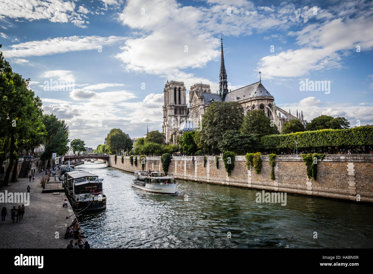Notre Dame cathedral with puffy clouds, Paris, France Stock Photo