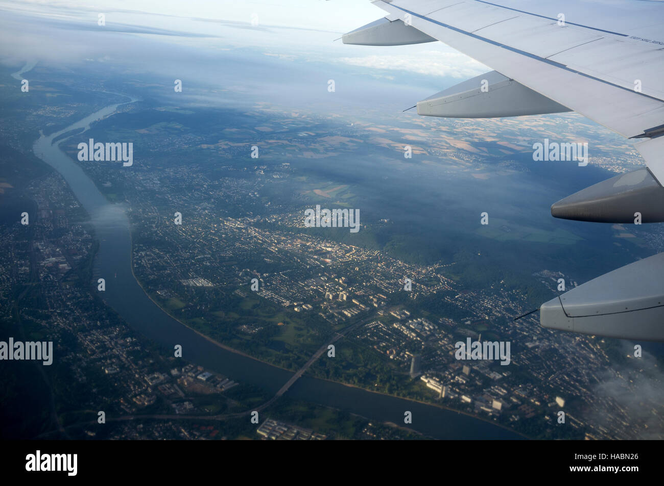 Airbus A319 wing over the river Rhine, Bonn, Germany. Stock Photo