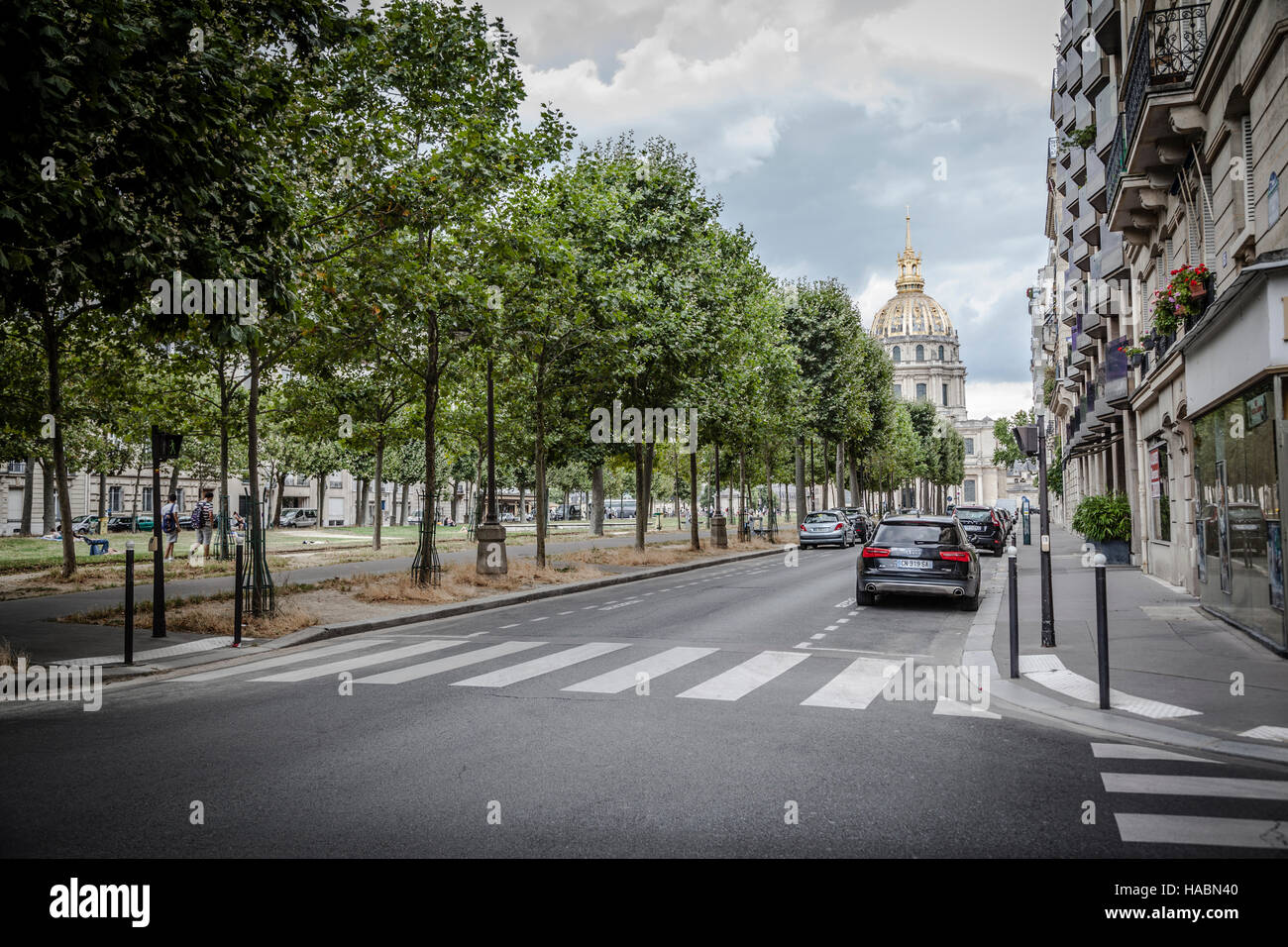 Paris Street scene with Les Invalides in the back. Stock Photo