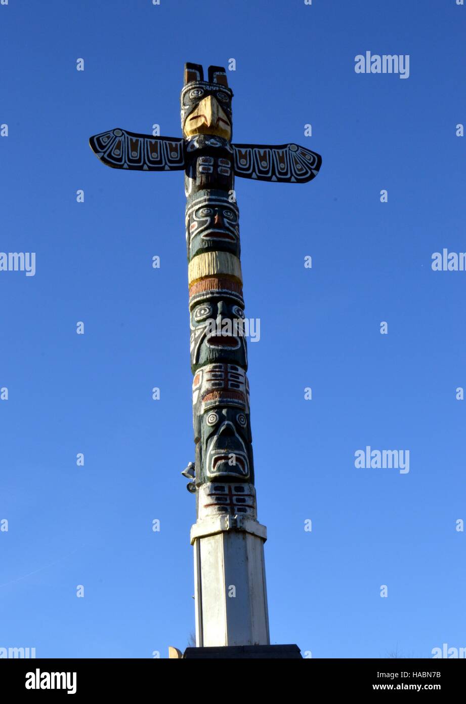 Indian totem from Canada donated to the town of Virton in Belgium Stock Photo