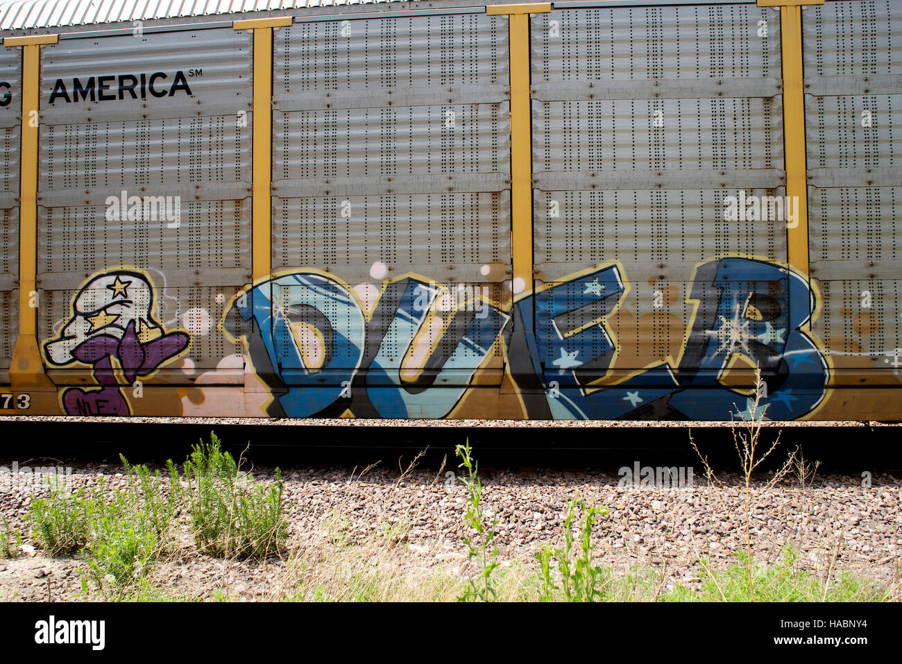 Freight car with graffiti on the side, passing West Bottoms, Kansas City, Missouri, USA. Stock Photo