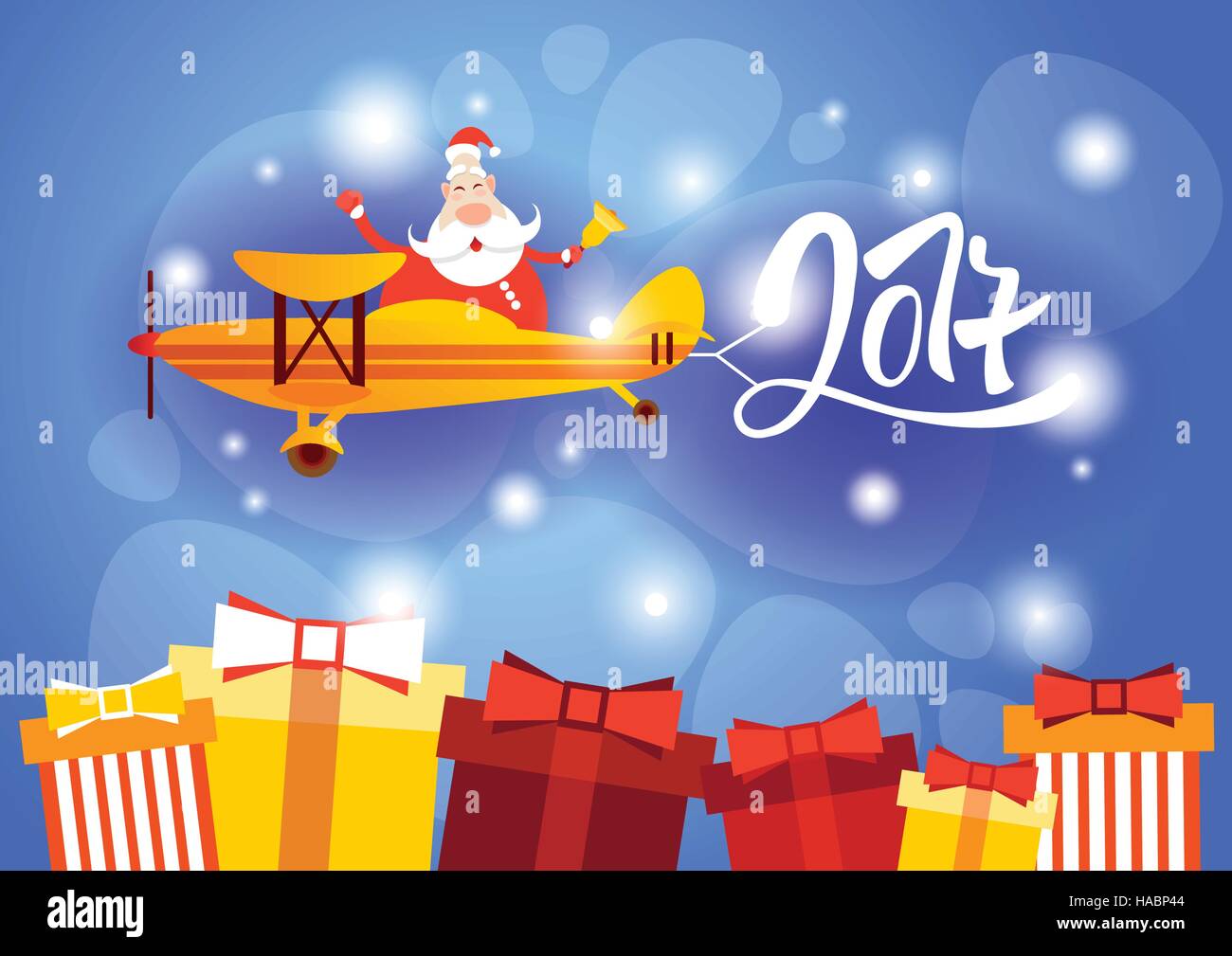 Santa Clause Flying Airplane Happy New Year Decoration Greeting Card Celebration Banner Stock Image