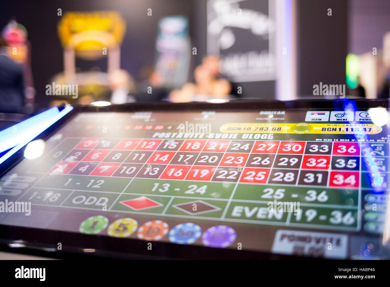 Sofia, Bulgaria - November 24, 2016: Ccasino roulette table monitor at an exhibition for casino machines and gambling equipment in Inter Expo Center i Stock Photo