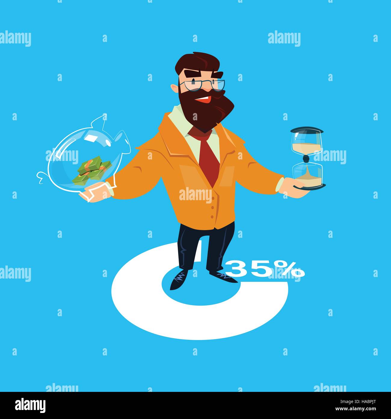 Successful Business Man Hold Money Piggy Bank And Sand Watch Finance