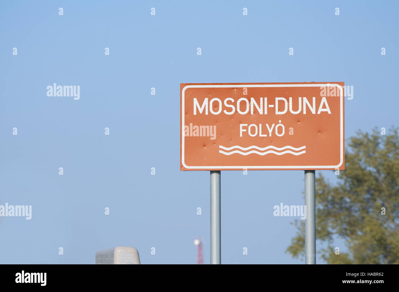 Signboard for Mosoni-Duna River with Clear Blue Sky Stock Photo