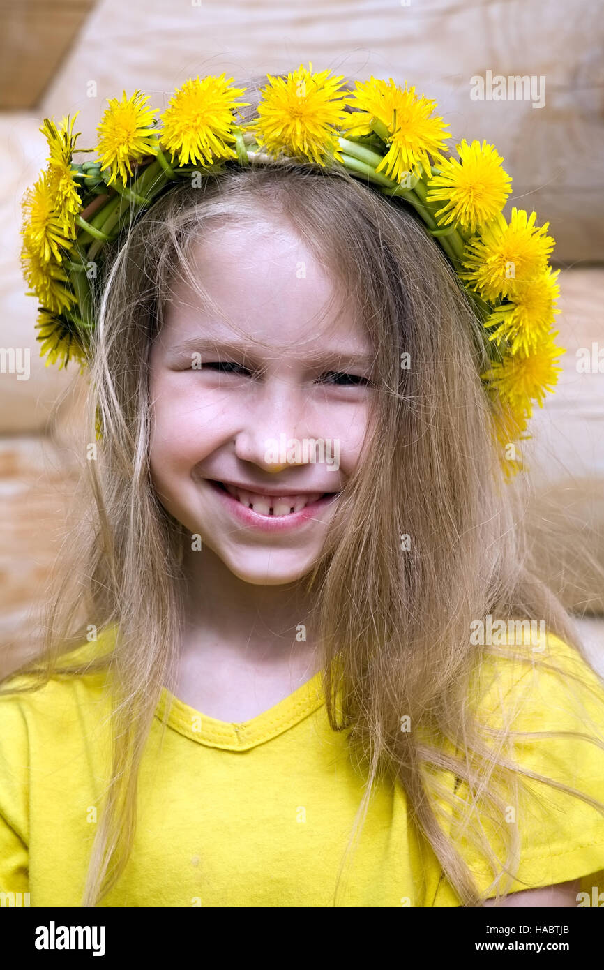 little girl in dandelion crown summer outdoor portrait Stock Photo - Alamy