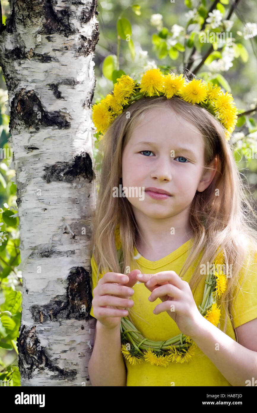 little girl in dandelion crown summer outdoor portrait Stock Photo - Alamy