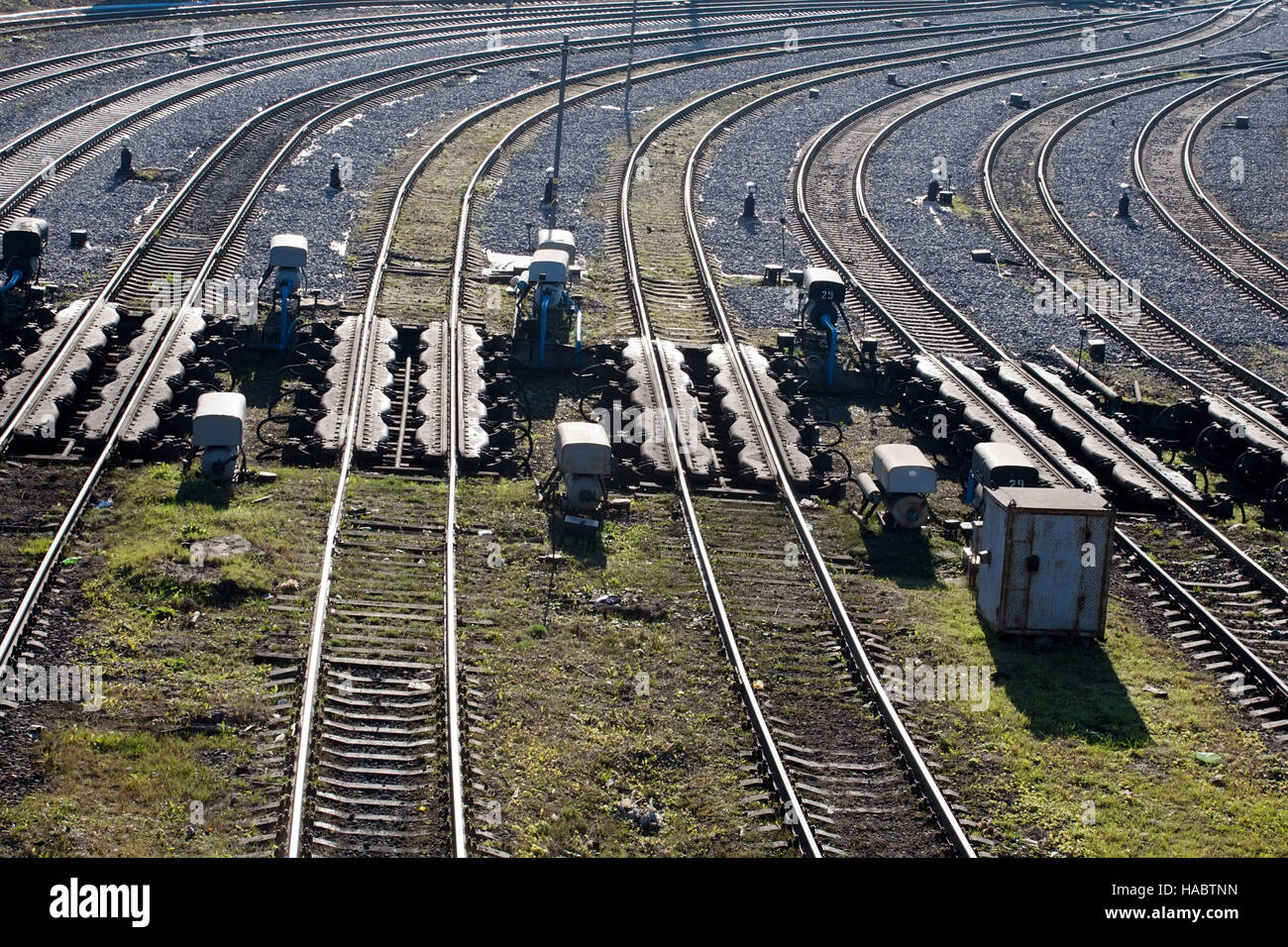railway tracks and rails of big marshalling yard top perspective view