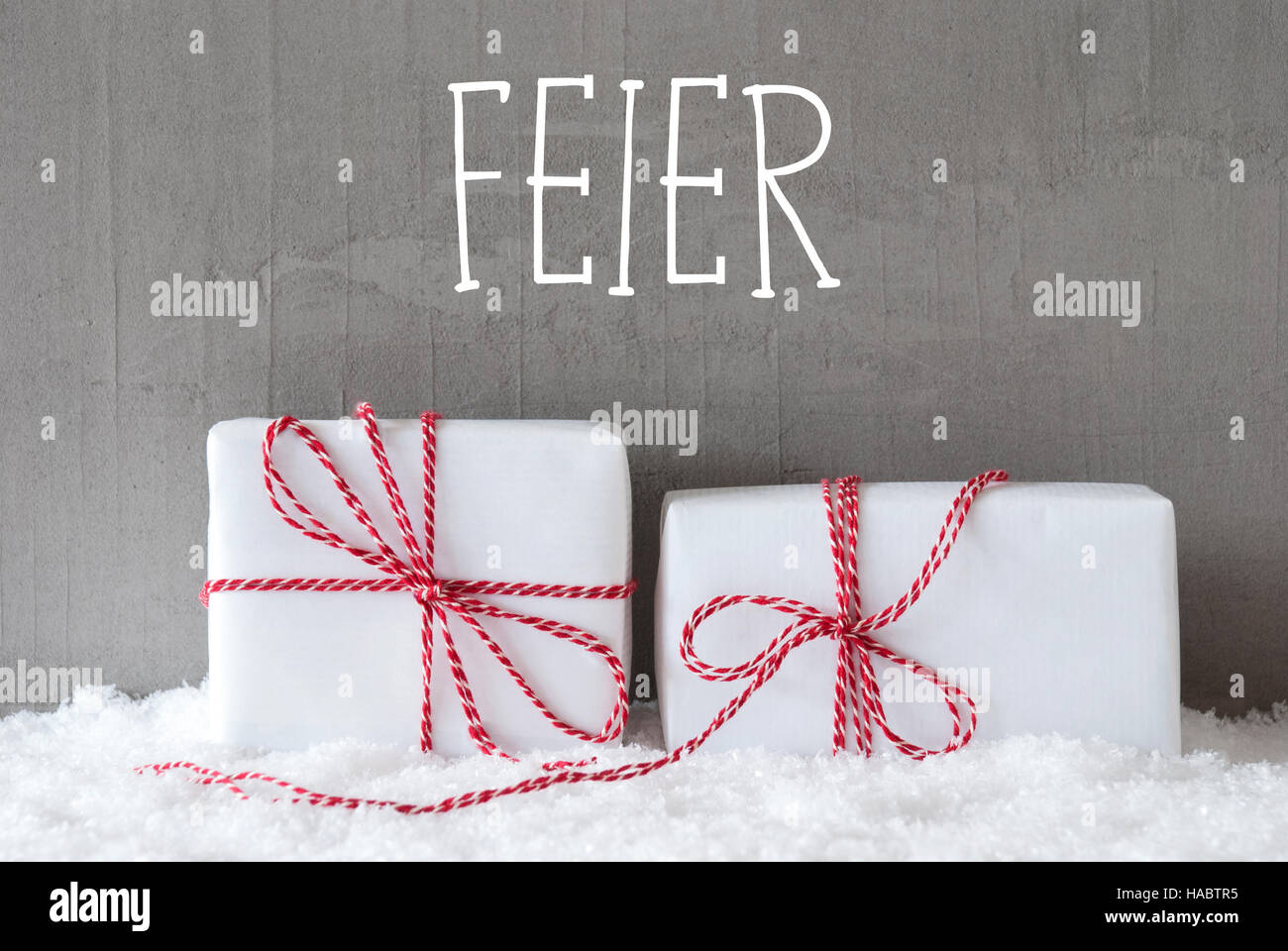 Two Gifts With Snow, Feier Means Celebration Stock Photo