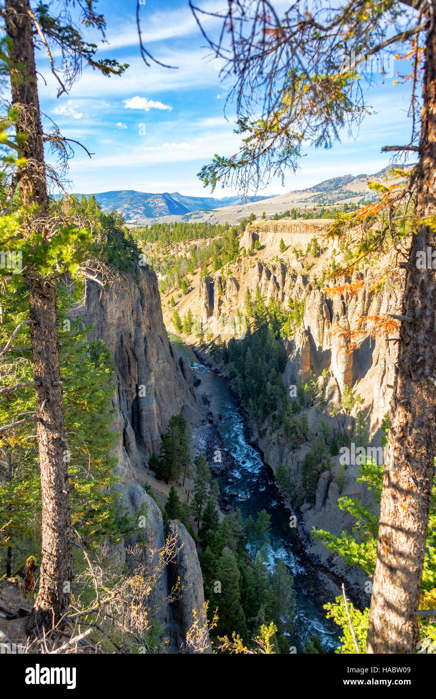 View of Yellowstone River passing through a canyon near Tower Fall in Yellowstone National Park Stock Photo