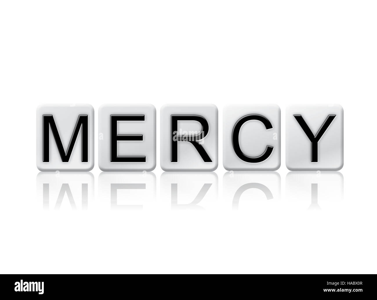 The word "Mercy" written in tile letters isolated on a white background