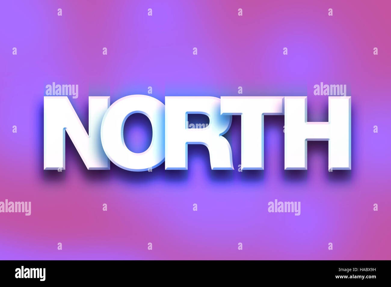 The word "North" written in white 3D letters on a colorful background