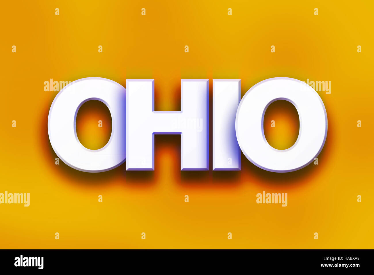 The word "Ohio" written in white 3D letters on a colorful background