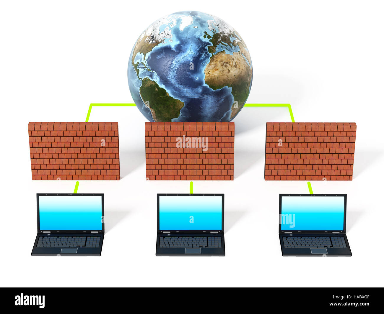 Laptop computers protected by firewall. 3D illustration. Stock Photo