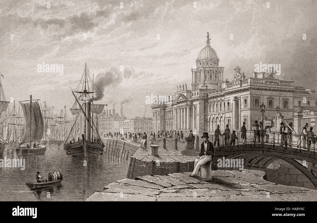 19th Century view of the Custom House designed by James Gandon, situated on the side of the River Liffey, Custom House Quay, Dublin City, Ireland Stock Photo