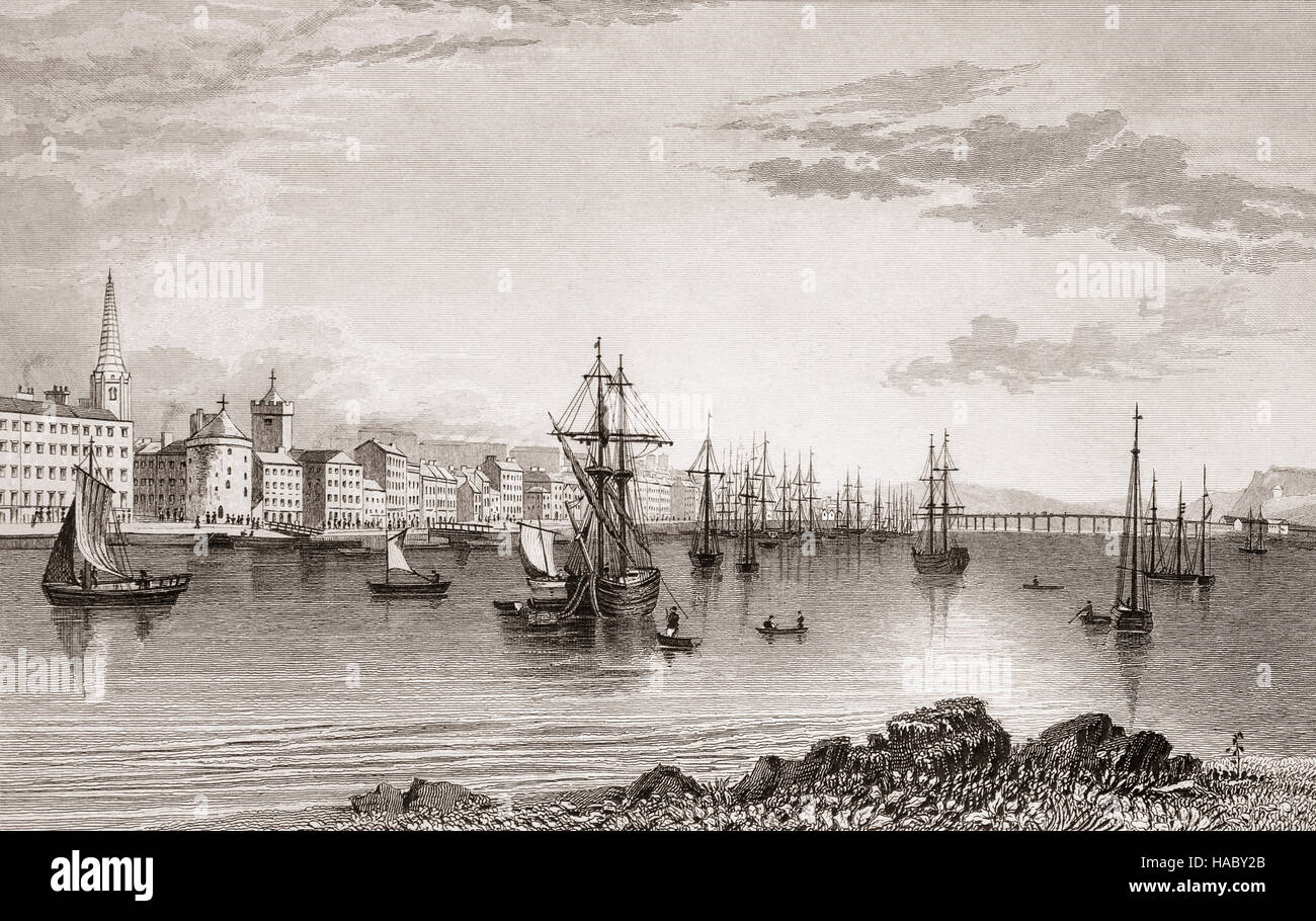 19th Century view of boats and ships moored in the River Suir along side the quays of Waterford City, County Waterford, Ireland Stock Photo