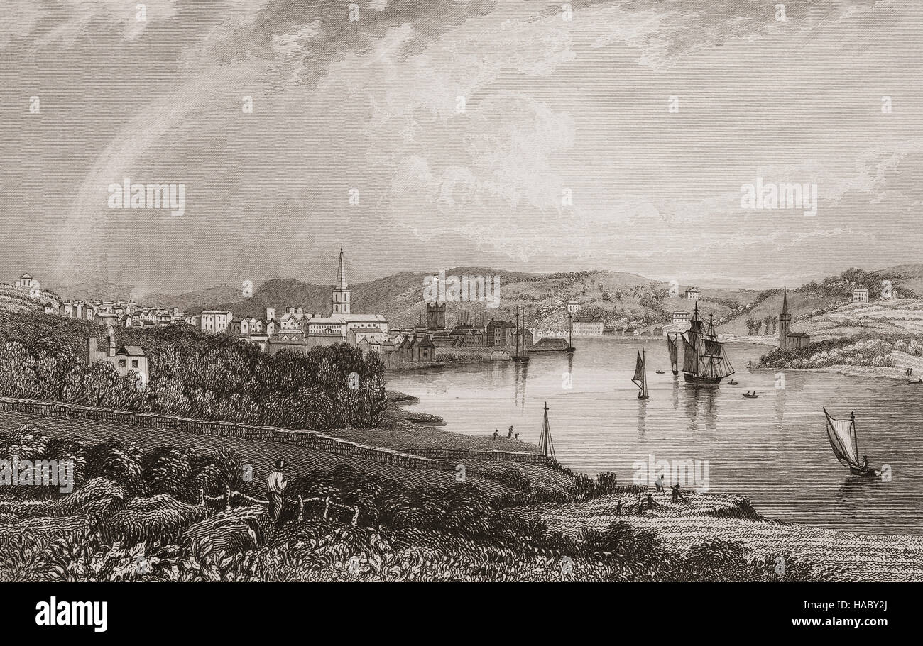 19th Century view from the Dunmore East road of the River Suir and Waterford City, County Waterford, Ireland Stock Photo