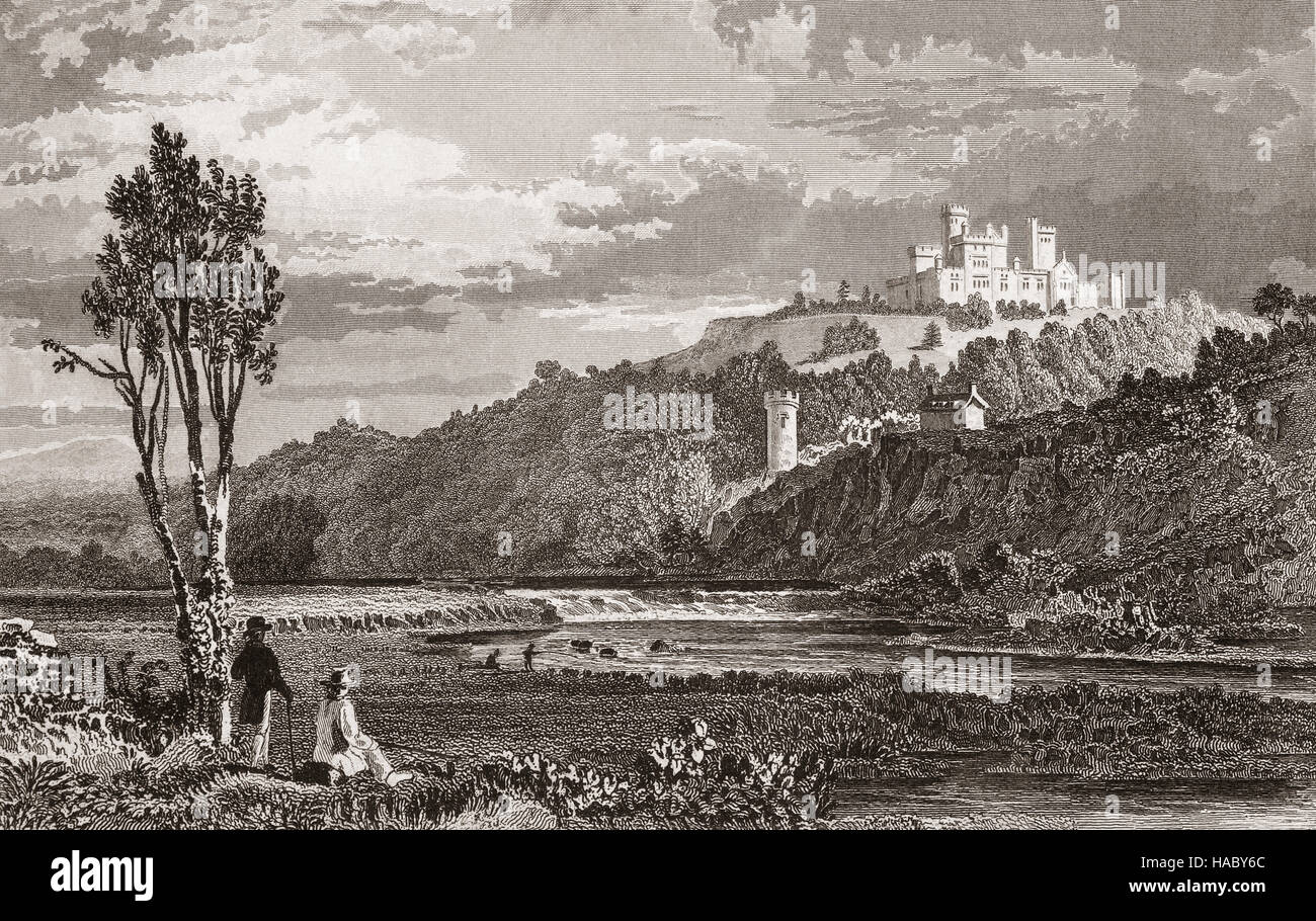 19th Century view of Coltsman's Castle, on the Lower Lake or Lough Leane in the Killarney National Park, County Kerry, Ireland. Stock Photo