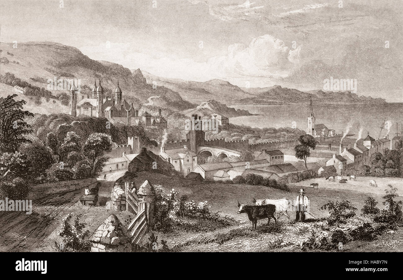 19th Century view of a farmer and cattle with Glenarm Castle towering over the seaside village in the Antrim Glens, County Antrim, Northern Ireland Stock Photo