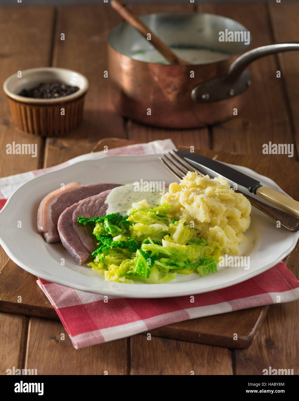 Irish bacon and cabbage with parsley sauce. Ireland Food Stock Photo Alamy