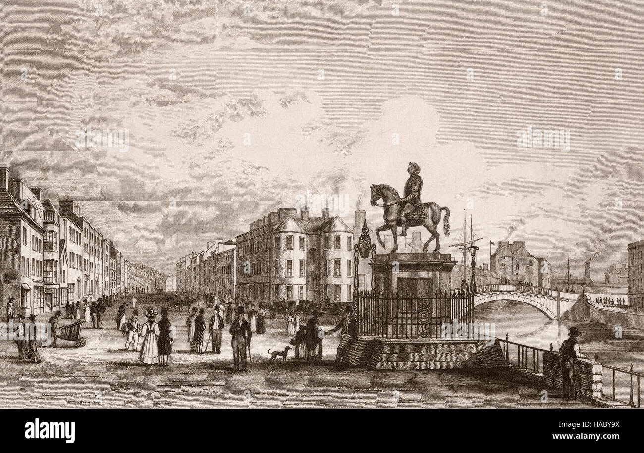 19th Century view of the statue of King George II on the South Mall, Cork City, Ireland Stock Photo