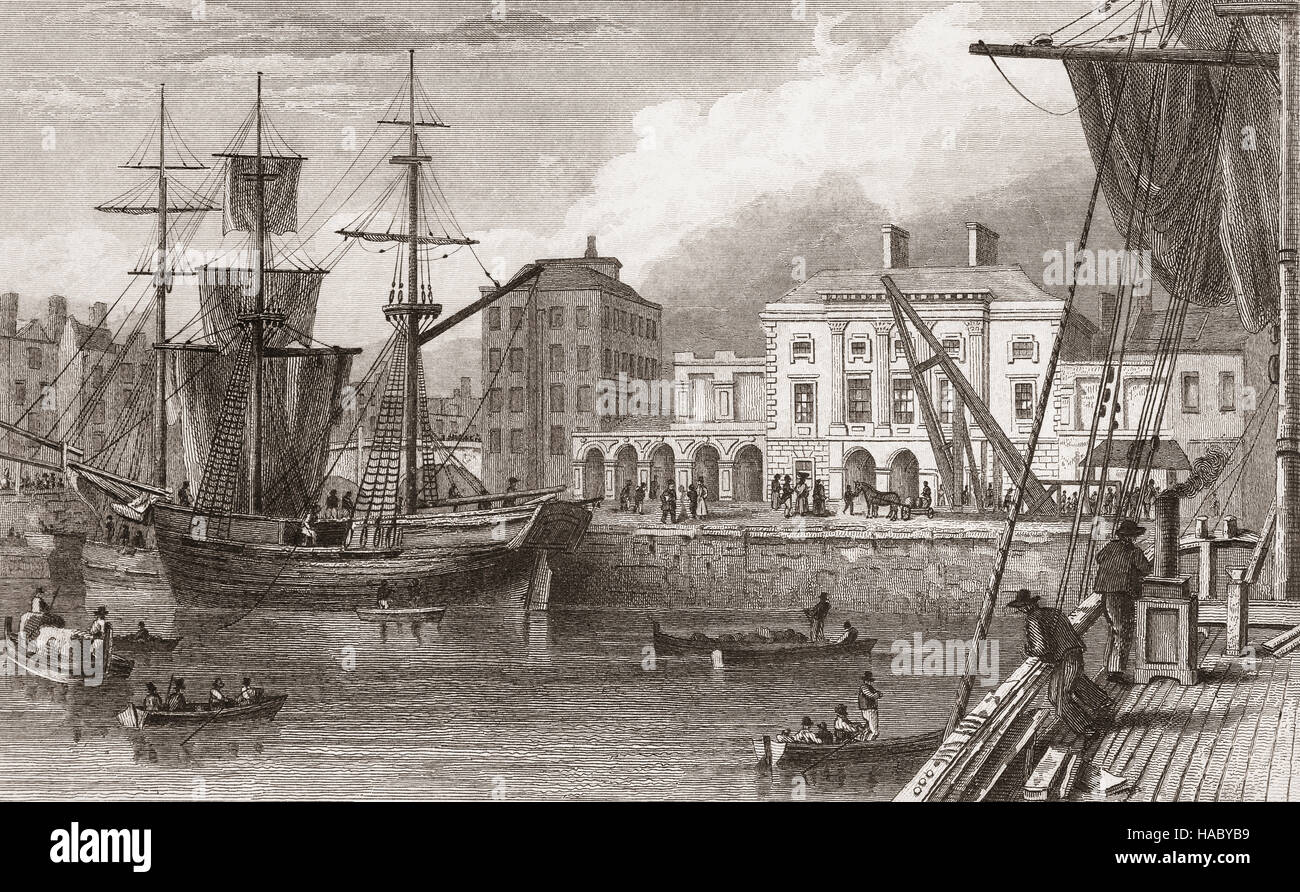 19th Century view of the Custom House on the Quayside of the River Shannon, Limerick City, Ireland Stock Photo