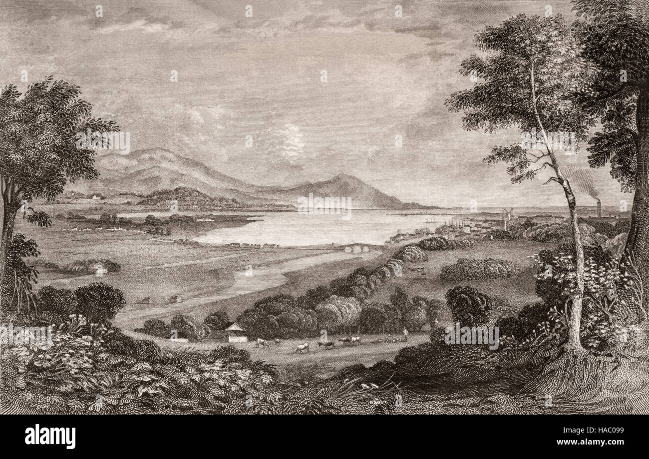 19th Century view of the Bay and town of Dundalk, With the distant Cooley Peninsula and Mountains, County Louth, Ireland Stock Photo