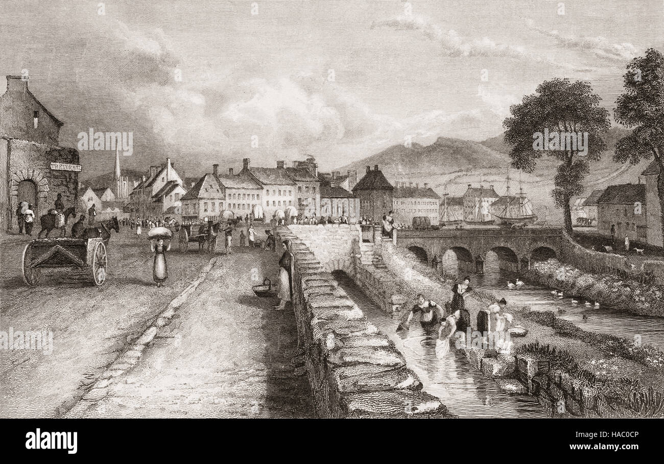 19th Century view of the Clanrye River as it passes through Newry, from Trevor Hill, County Down, Northern Ireland. Stock Photo