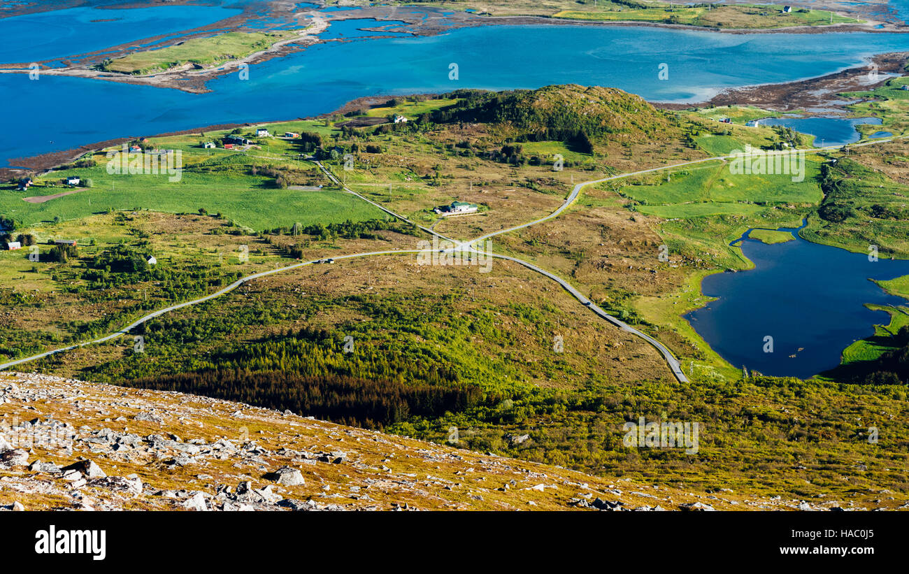 Top View To Norway Village On Coast Traditional Norvegian Cabins