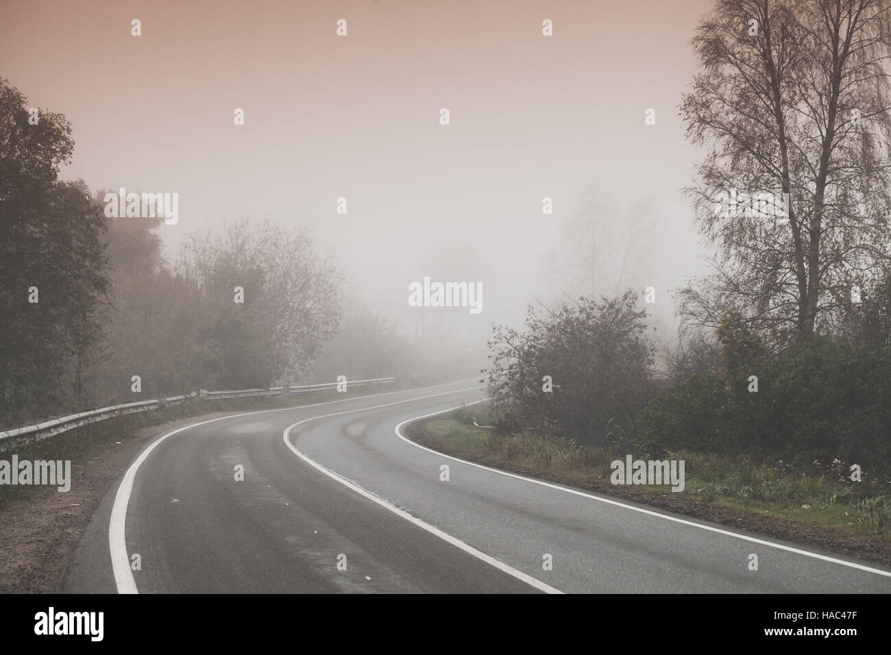 Rural foggy road background photo, turn on highway with trees on roadsides, stylized photo with warm tonal correction effect, old style filter Stock Photo